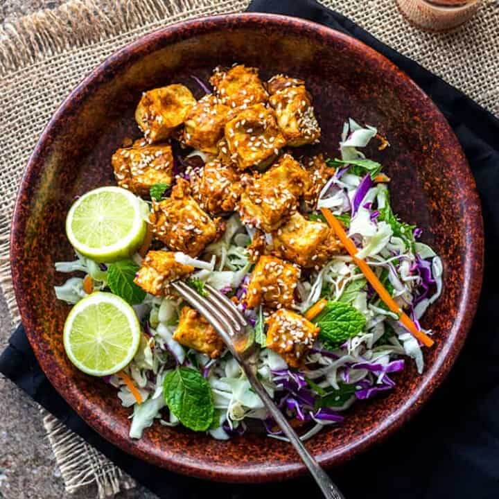 Baked spicy peanut butter tofu (vegan and gluten free).