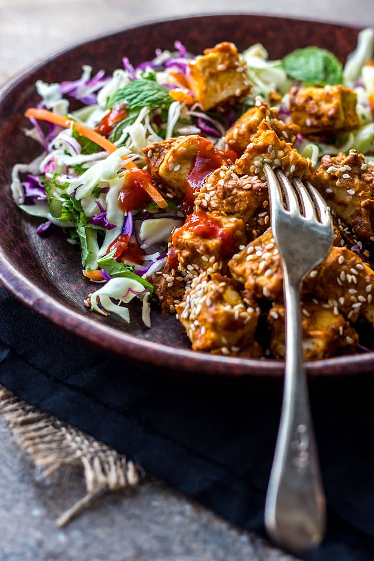 Oven baked spicy peanut butter tofu (vegan and gluten free). 