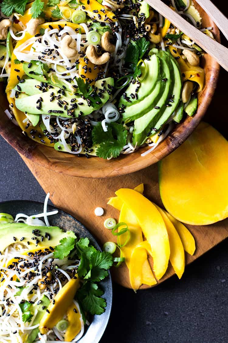 Mango and avocado noodle salad with puffed black rice (vegan and gluten free).