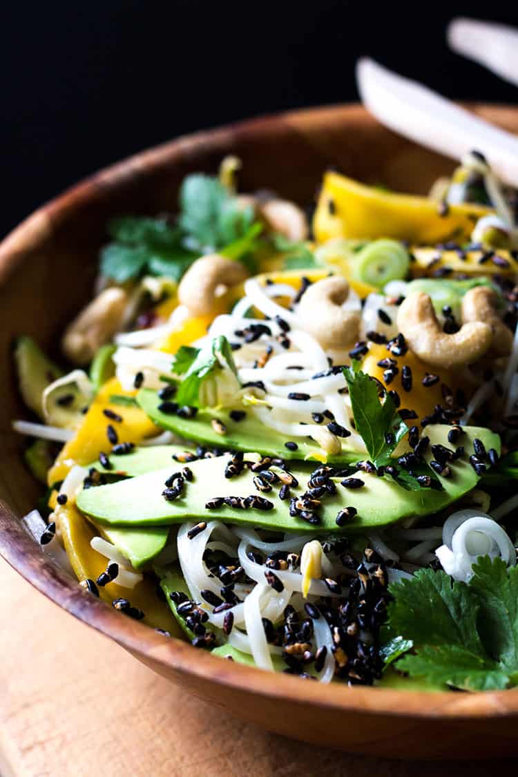 Mango and avocado noodle salad with puffed black rice (vegan and gluten free).