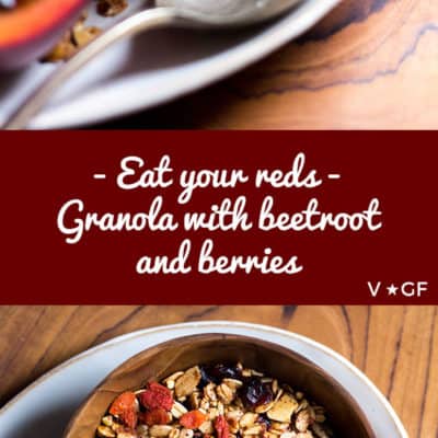 A nourishing and nutritious home made granola featuring antioxidant red beetroot powder, goji berries and cranberries (vegan and gluten free).