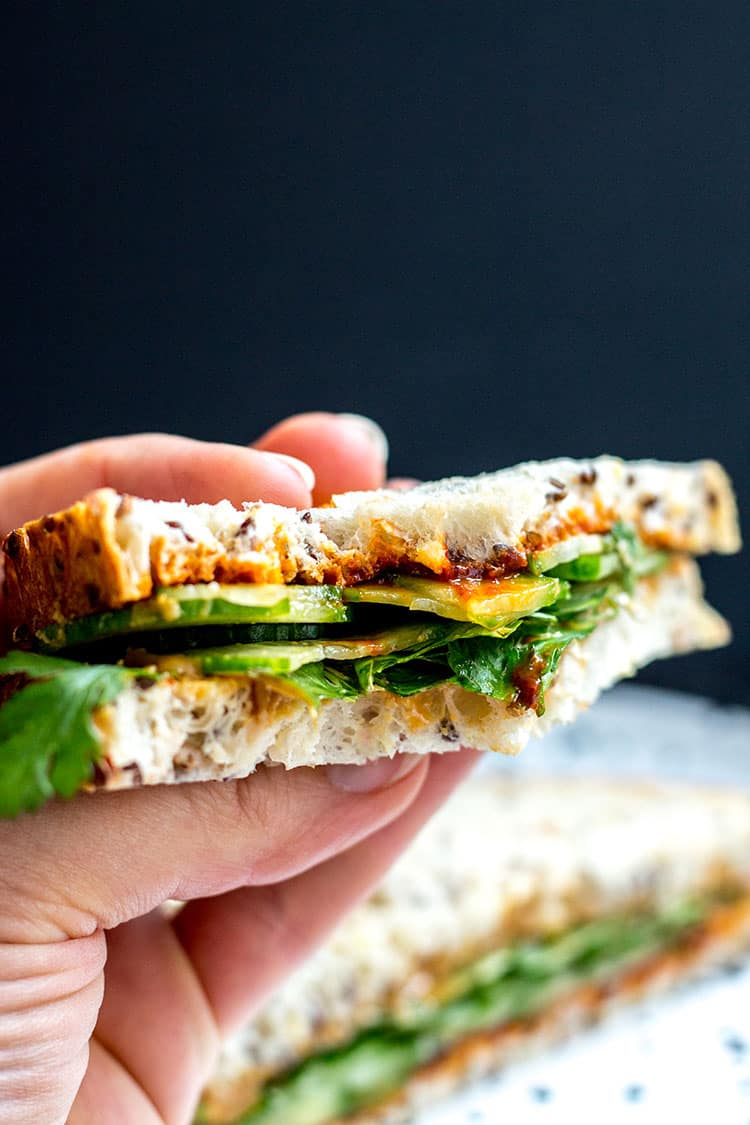 Crazy good gochujang and peanut butter sandwiches (vegan).