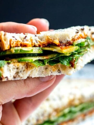 Crazy good gochujang and peanut butter sandwiches (vegan).