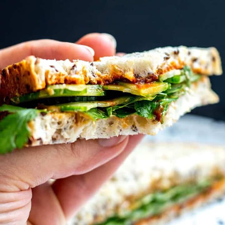 Crazy good gochujang and peanut butter sandwiches (vegan).