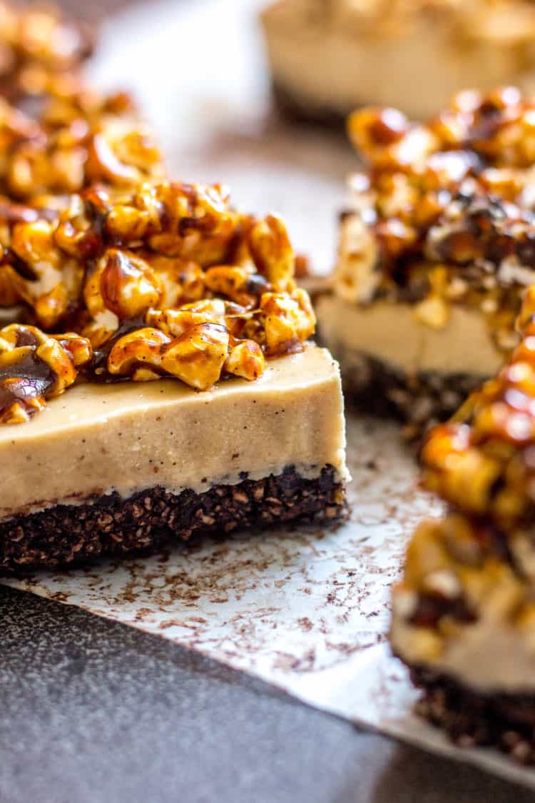 Vegan coffee cheesecake with salted caramel popcorn topping (vegan and gluten free).