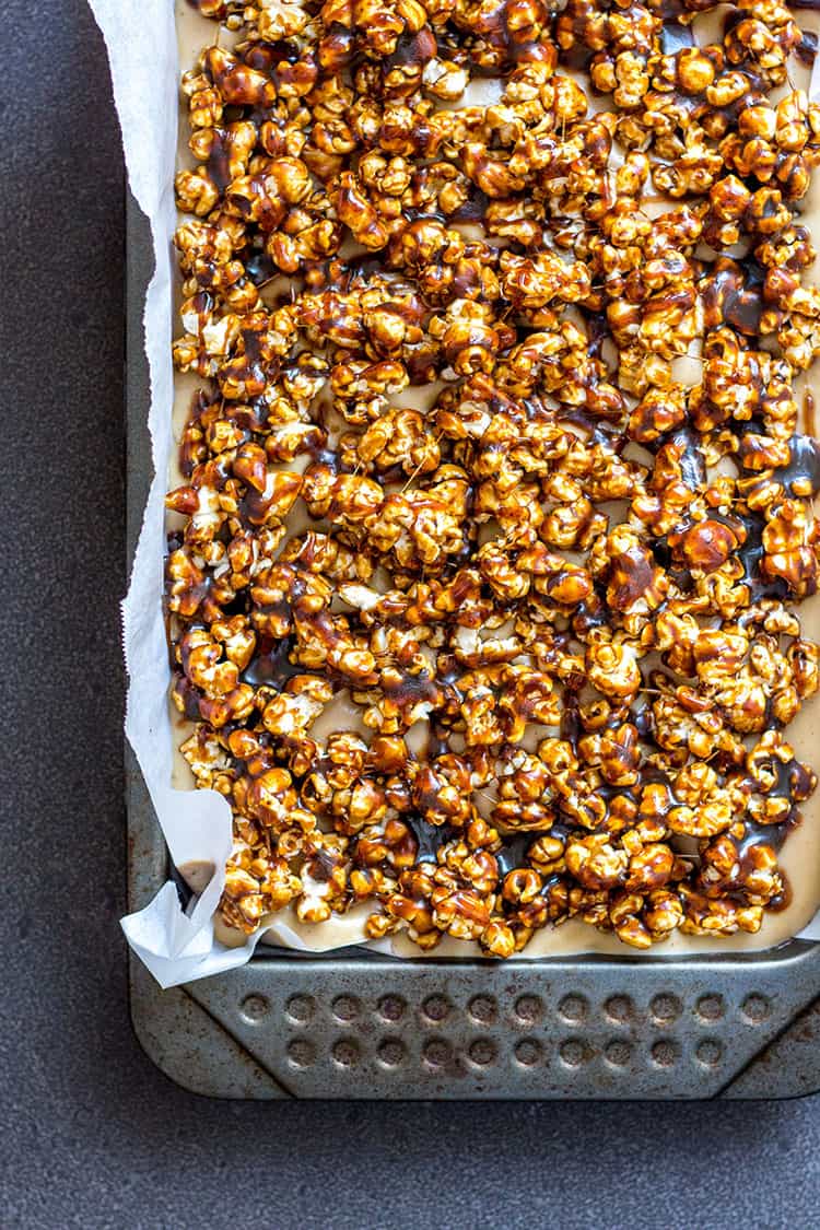 Vegan coffee cheesecake with salted caramel popcorn topping (vegan and gluten free).