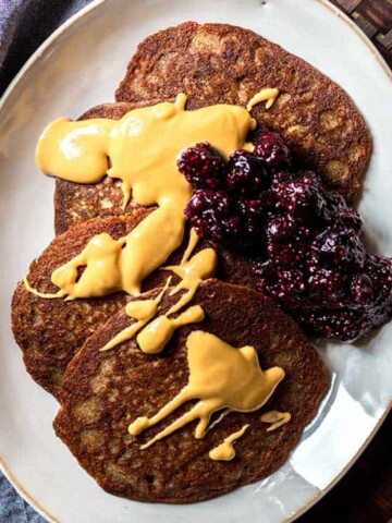 Buckwheat pikelets with blueberry chia jam.