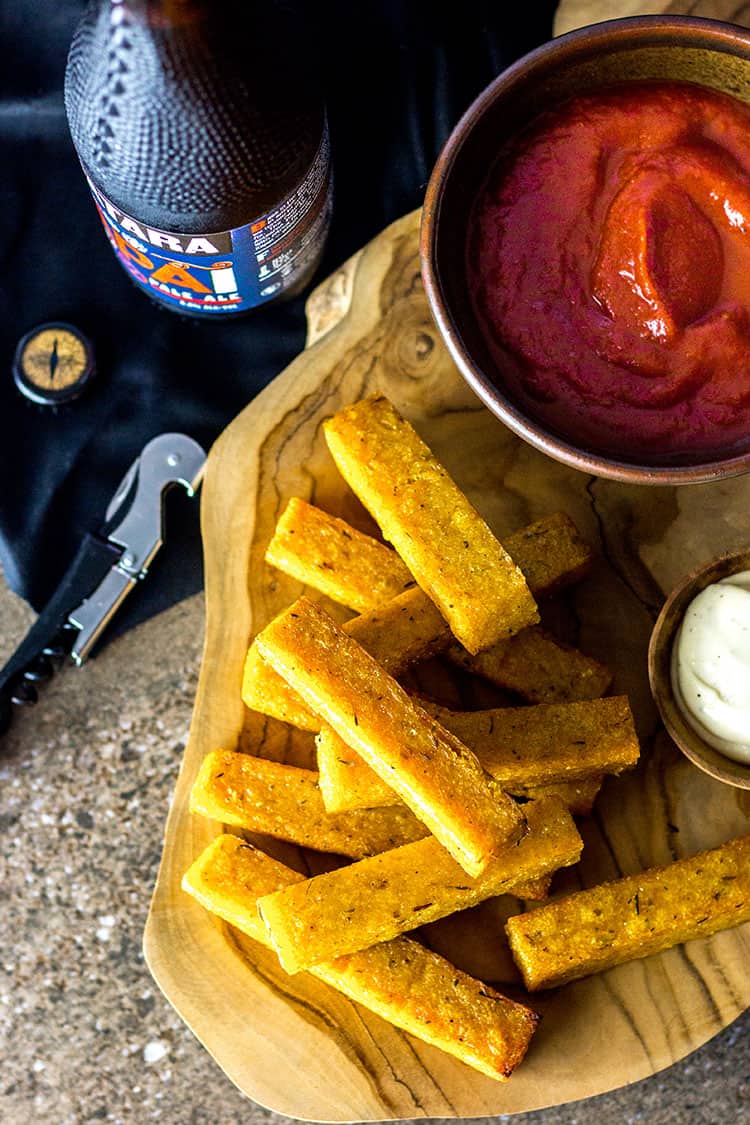 Cajun polenta fries with smoky tomato sauce (vegan and gluten free).