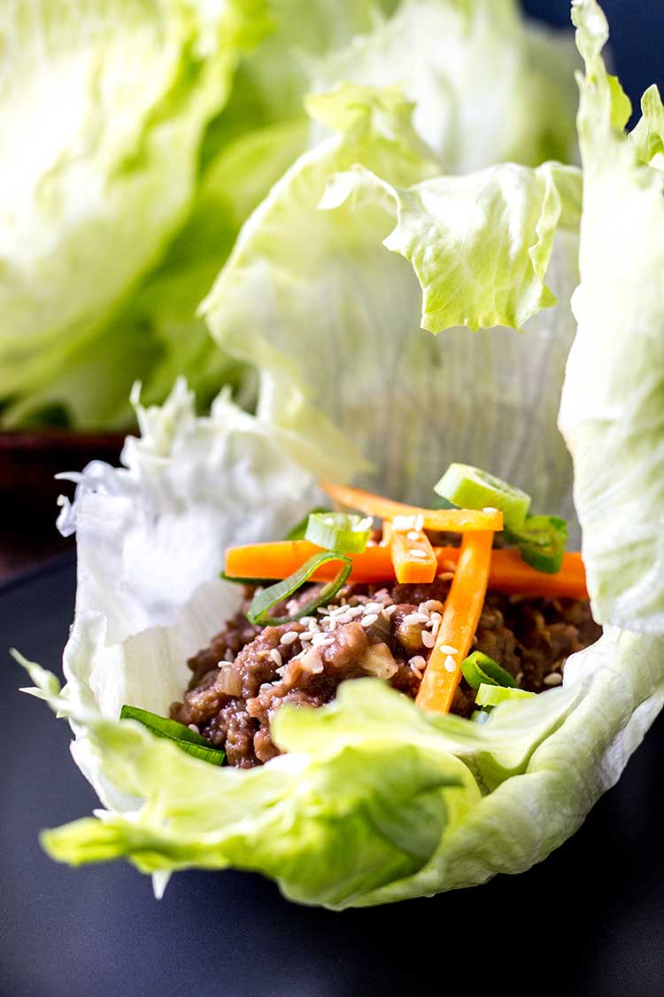 Close up view of oh mommy umami lettuce wraps from Fuss-Free Vegan: 101 Everyday Comfort Food Favorites, Veganized. (Vegan and gluten free).
