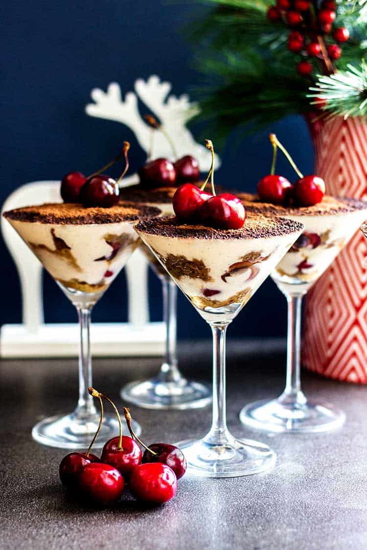 Vegan Christmas tiramisu with kirsch and cherries. 