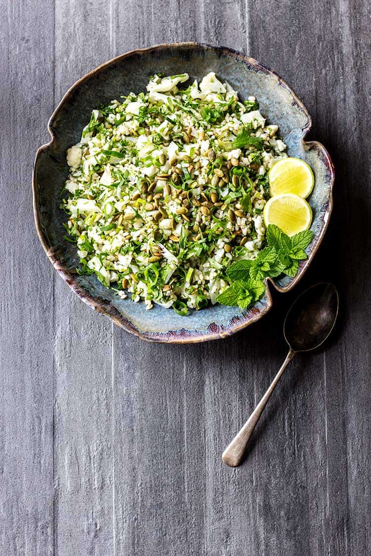 Cauliflower salad with lime and herbs (vegan and gluten free). 