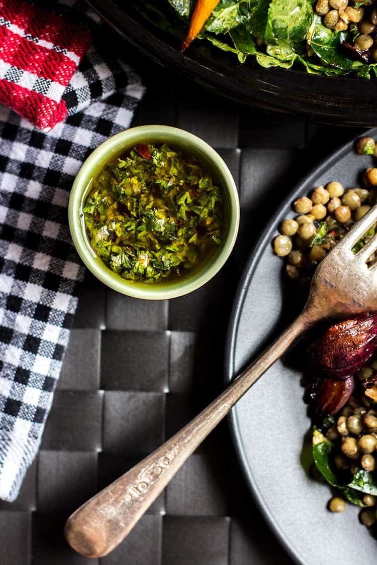 Overhead shot of chimichurri sauce. 