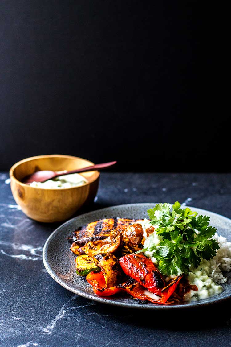 Grilled curry vegetables with coconut raita (vegan and gluten free). 