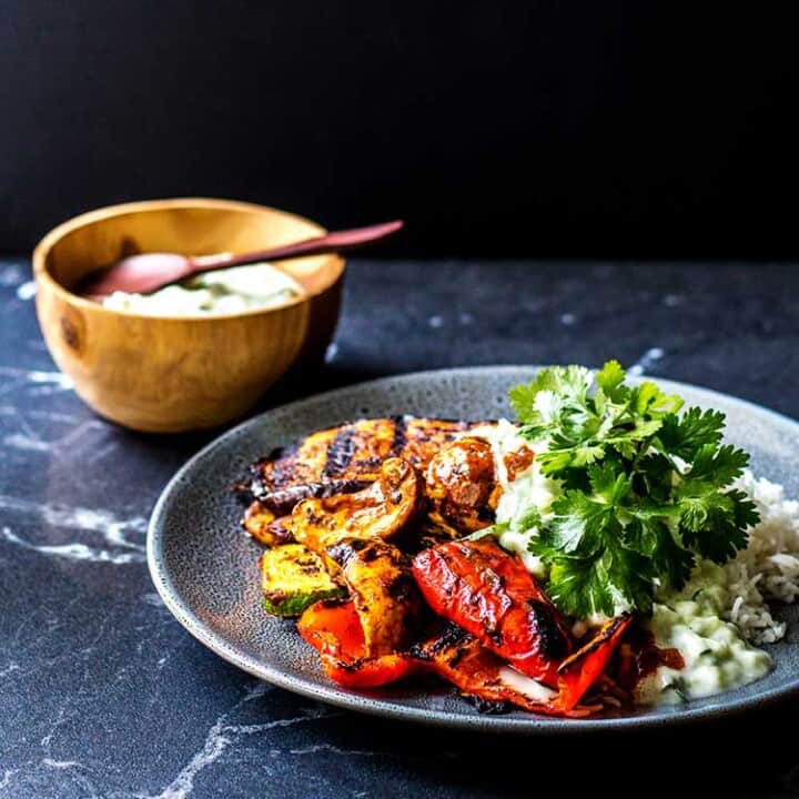 Grilled curry vegetables with coconut raita.