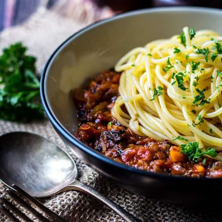 Mushroom and lentil vegan spaghetti bolognese.