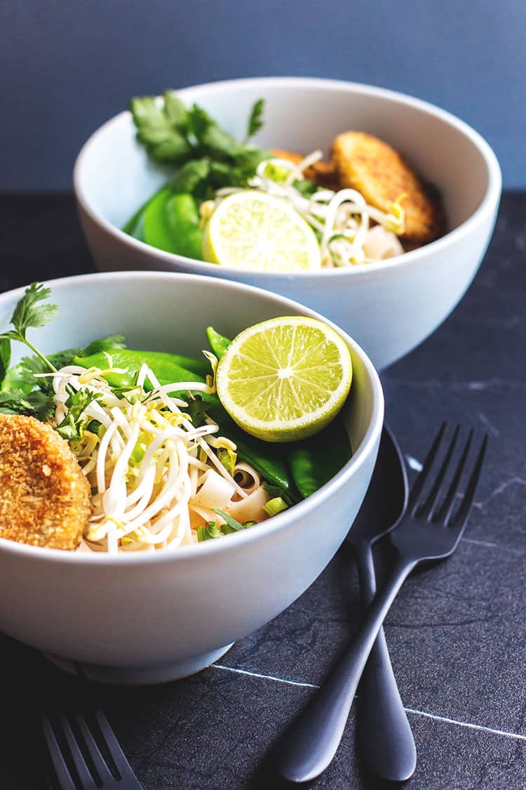 Thai curry noodle soup with chilli and lime cakes (vegan). 