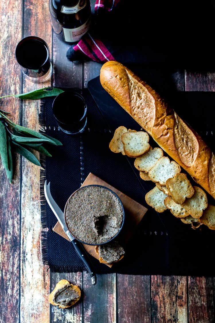 Mushroom and hazelnut vegan pate, served with toasted baguette and red wine. 