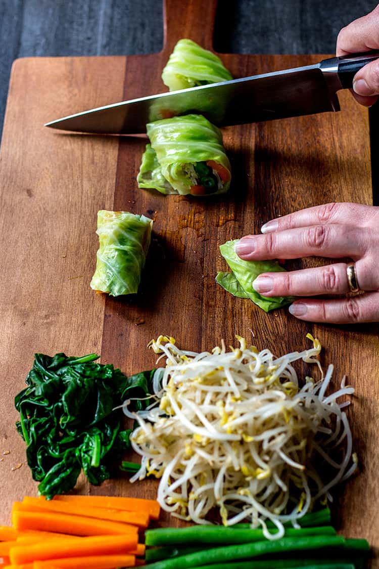 Slicing gado gado rolls. 