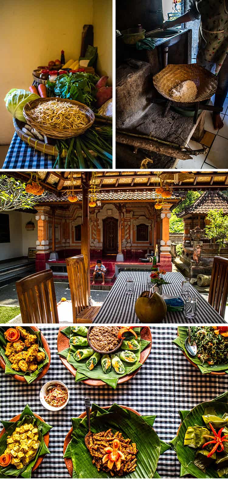 A Balinese cooking class with Putu from Traveling Spoon, pictures of ingredients, the family compound and finished meal. 