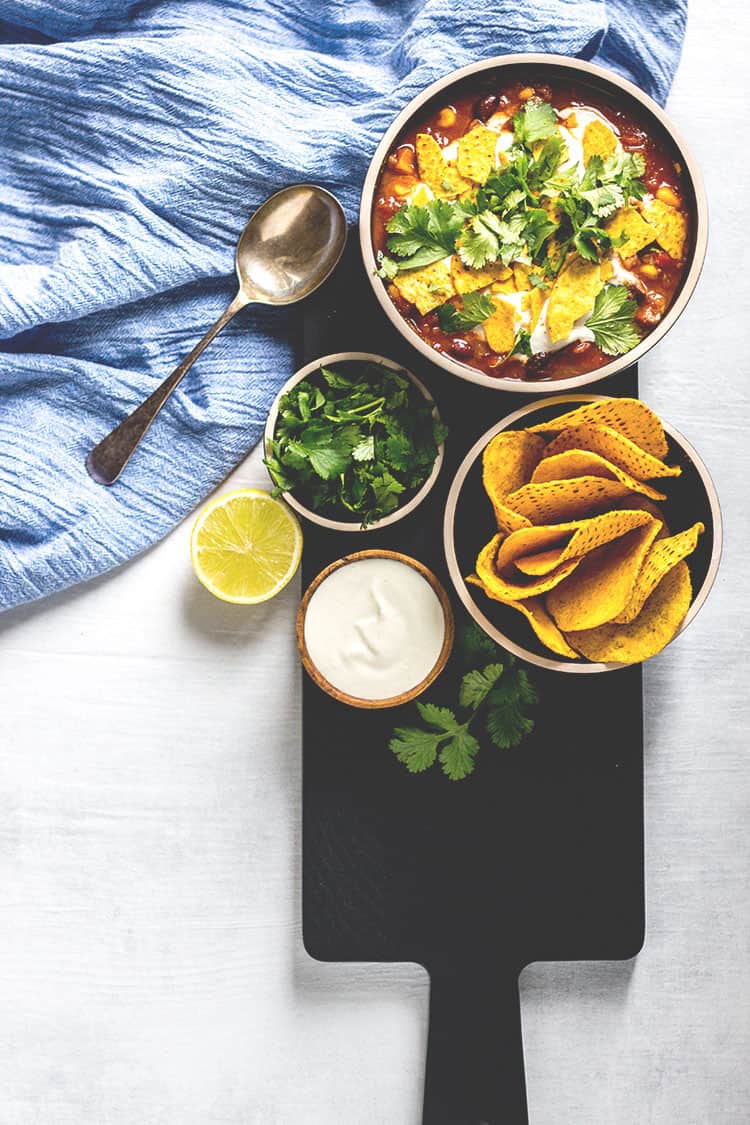 Black bean and corn nacho soup (vegan and gluten free). 