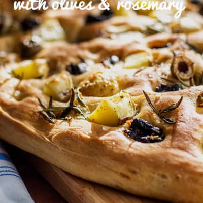 Try your hand at home made bread making with this pillowy soft Italian style potato foccacia topped with potato, olives and rosemary (vegan).