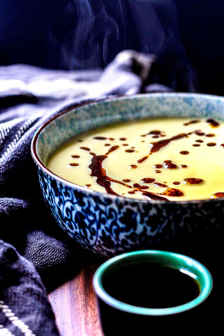 Saffron-infused cauliflower soup with sumac oil. 