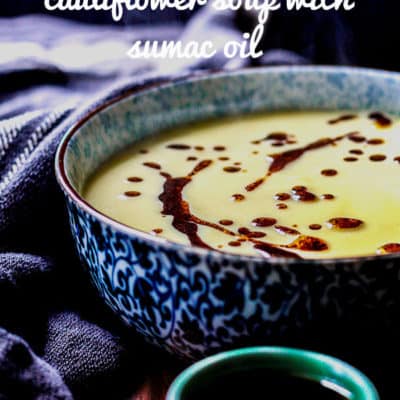 Saffron-infused cauliflower soup topped with sumac oil (vegan and gluten free).