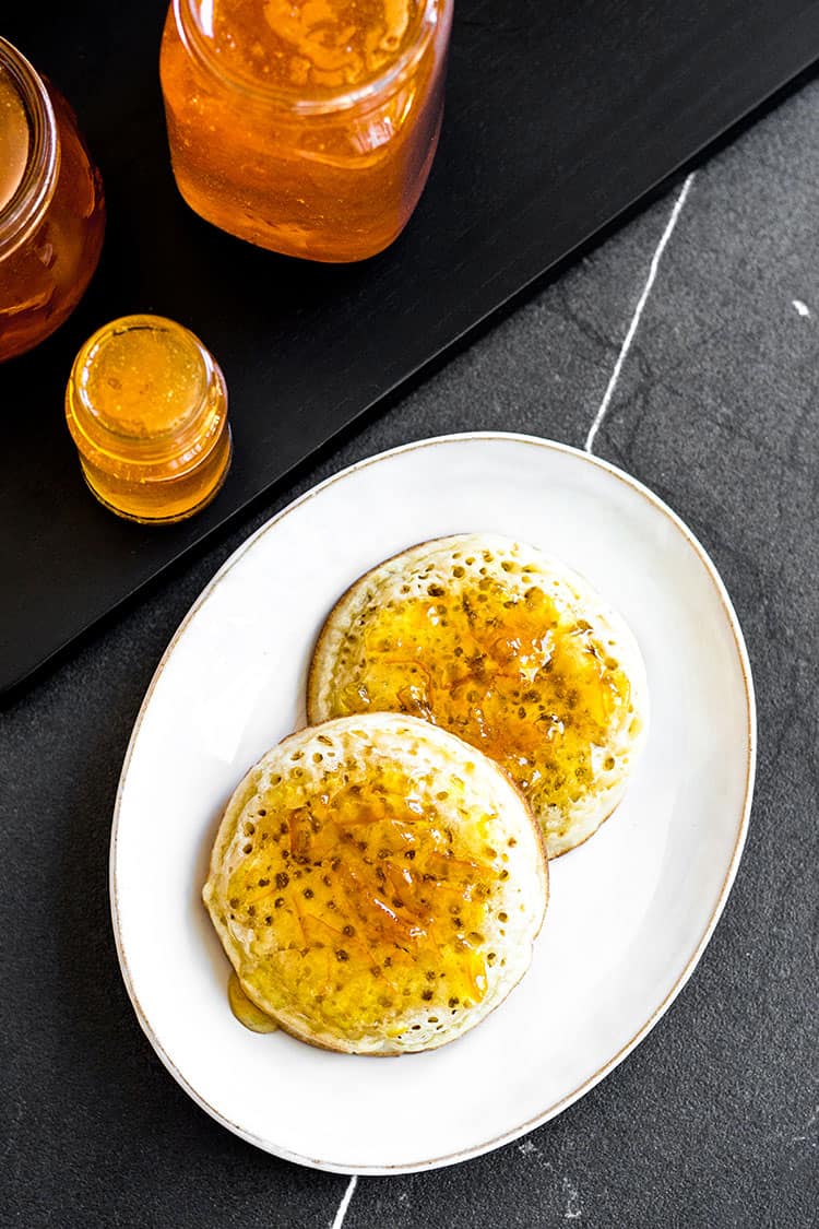 Chai spiced grapefruit marmalade on toasted crumpets. 
