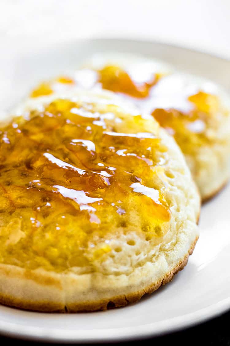 Chai spiced grapefruit marmalade on toasted crumpets. 
