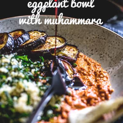 An earthy and satisfying bowl of lemony quinoa and kale, grilled eggplant and a generous serving of muhammara (walnut and red pepper dip). Vegan and gluten free.  