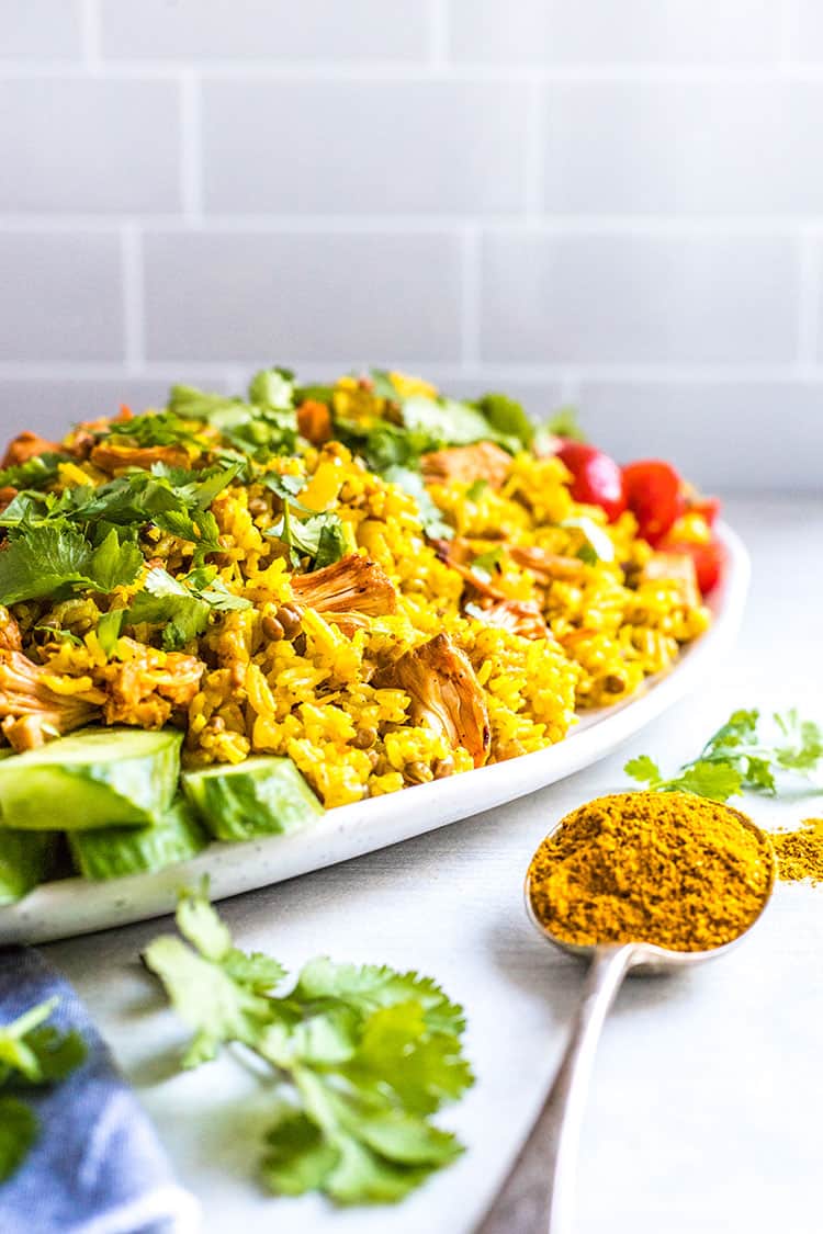 Vegan kedgeree with jackfruit and lentils (gluten free). 