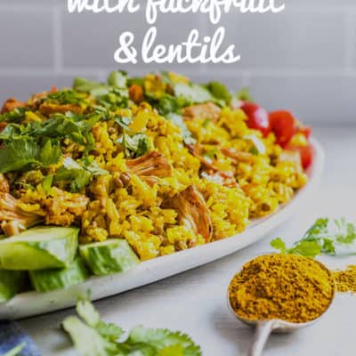 Vegan kedgeree of spiced basmati rice and lentils with tender chunks of marinated jackfruit as a substitute for smoked fish. Gluten free.