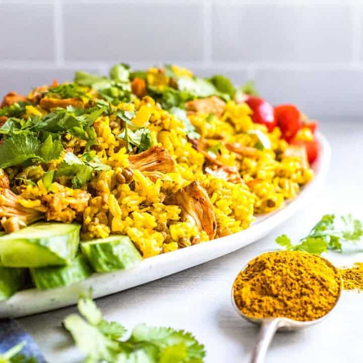 Vegan kedgeree with jackfruit and lentils.