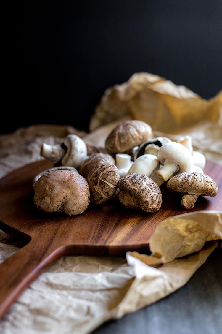 Shiitake, white button and brown mushrooms. 