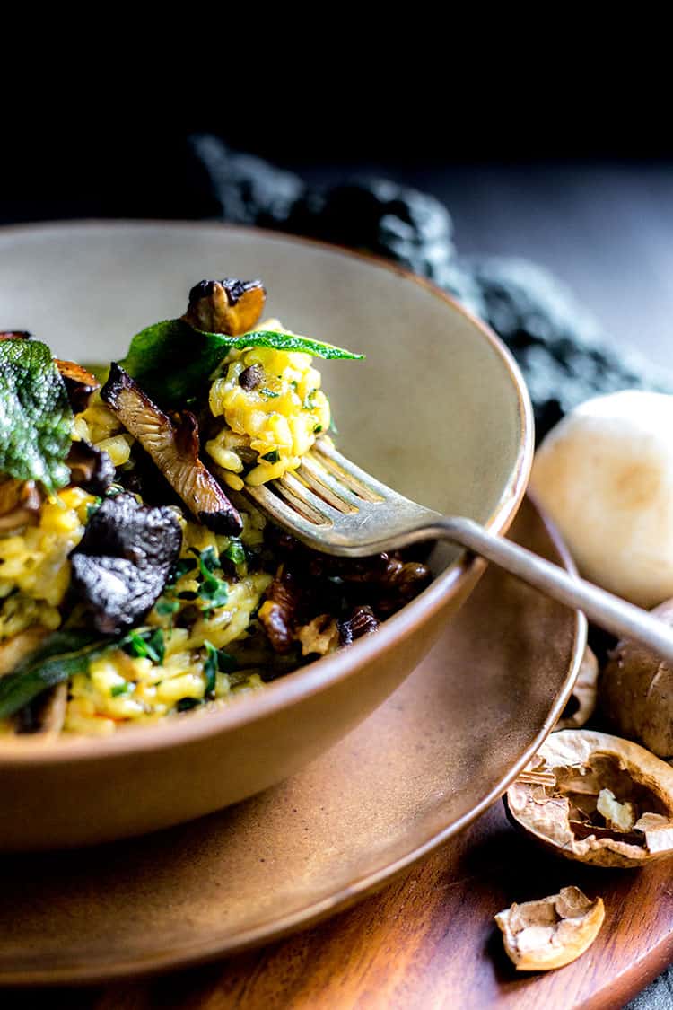 Vegan mushroom and kale risotto with saffron and sage. 