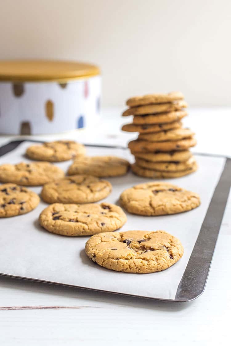 Vegan chocolate chip cookies, fresh out of the oven. 