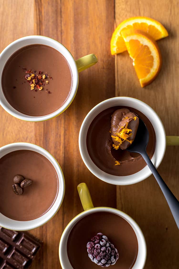 Vegan dark chocolate pots four ways: Mexican, jaffa, mocha and berry. 