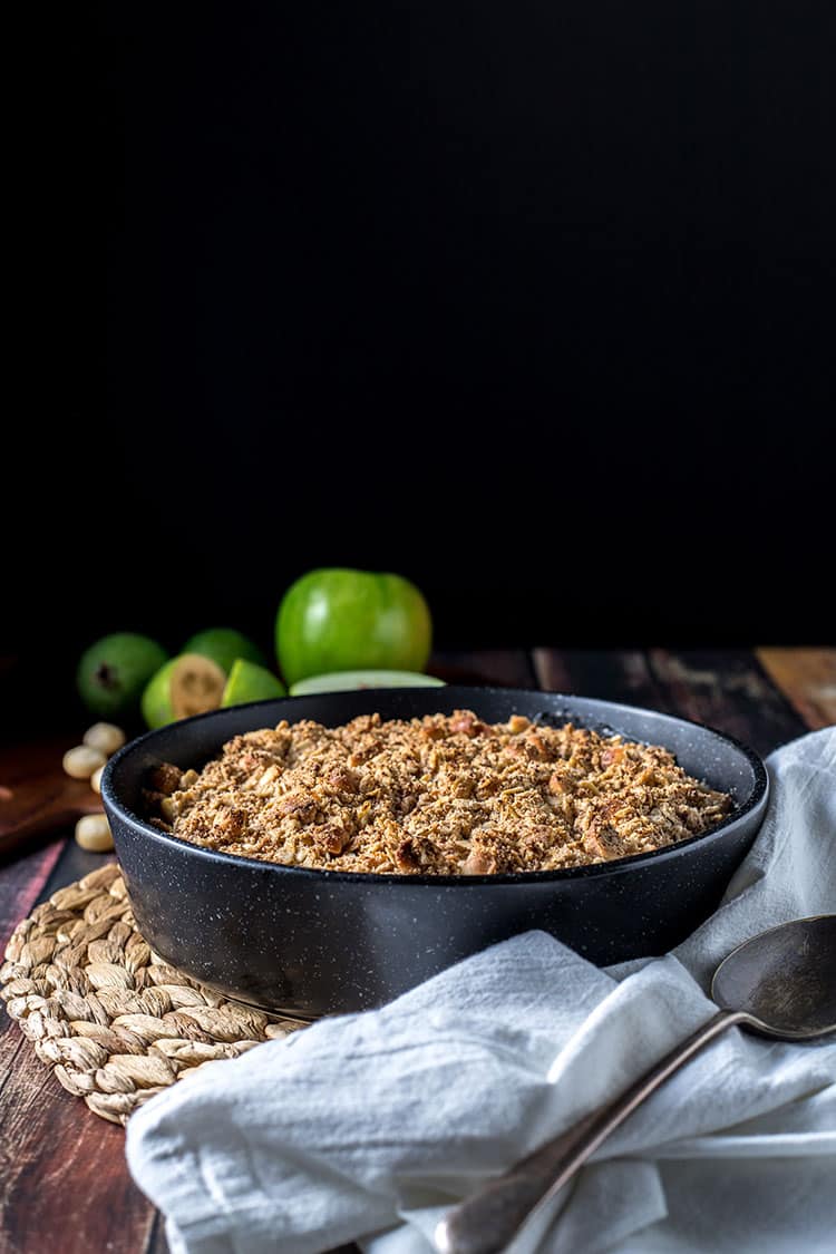 Apple and feijoa crumble with macadamias (vegan, gluten free, refined sugar free). 