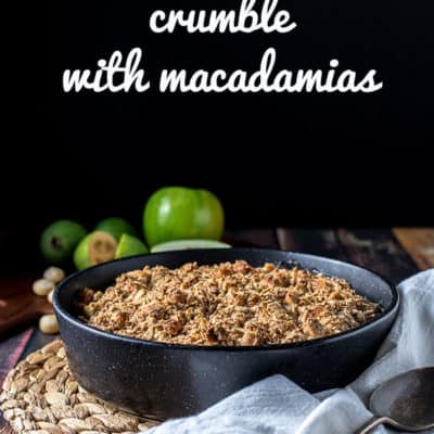 Apple and feijoa crumble topped with a whole foods crumb made with oats, buckwheat flour, ground almonds and macadamias. Vegan, gluten free and refined sugar free.