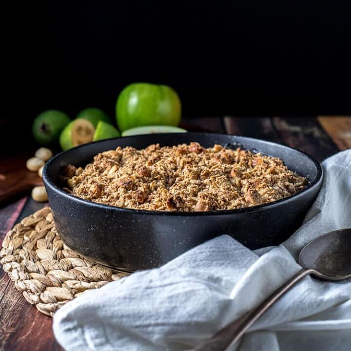 Apple and feijoa crumble with macadamias.