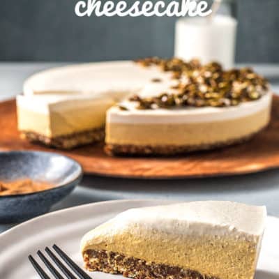 A creamy vegan pumpkin pie cheesecake made with a maple sweetened mixture of pumpkin, spices, cashews and coconut yoghurt for an authentic tasting tang. Gluten free.