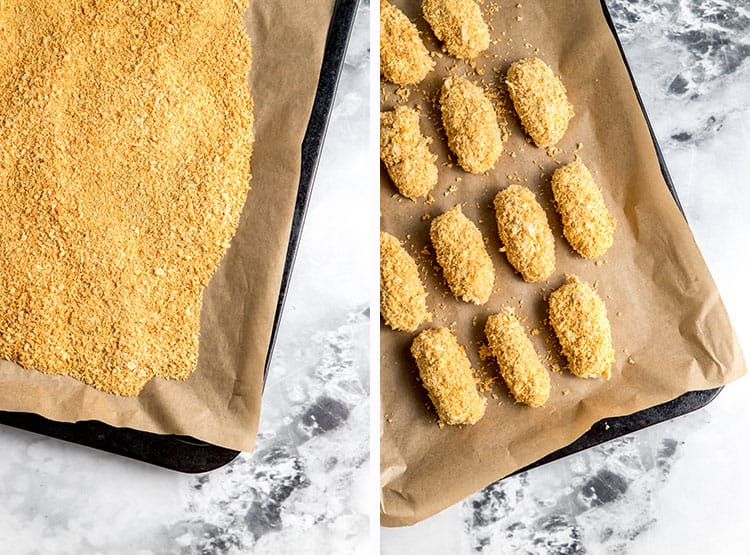 A baking tray of toasted golden panko crumbs, and a baking tray with crumbed vegan nuggets ready to be cooked. 