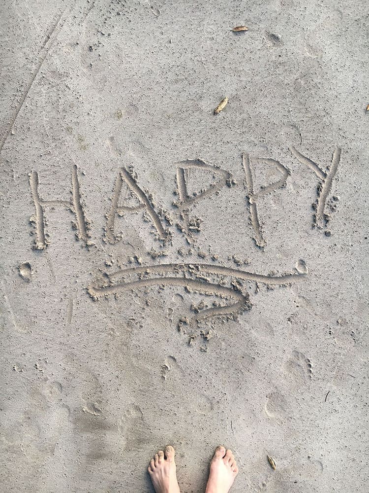 The word happy, written in the sand. 