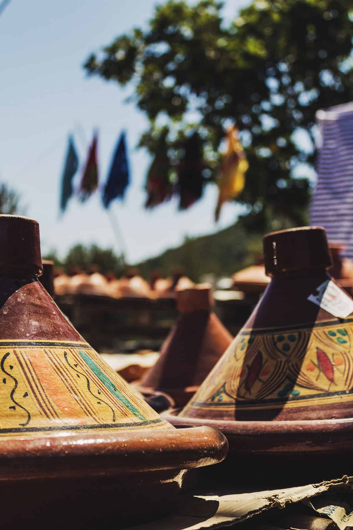 Moroccan tagines for sale at a market. 